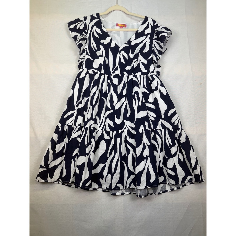 THML Navy White Abstract Print‎ Ruffle Sleeve Tiered Babydoll Mini Dress